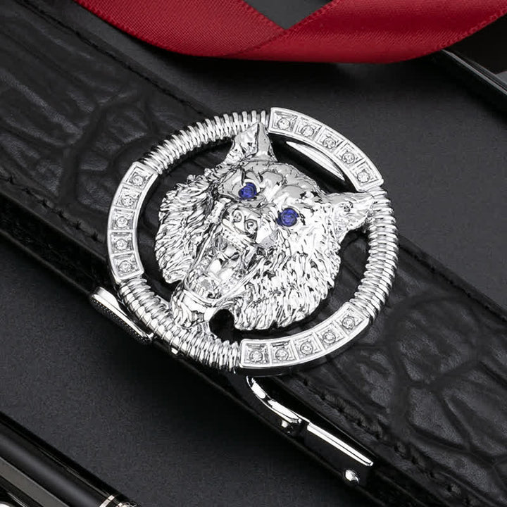 Cintura in pelle con fibbia automatica con strass a forma di lupo rotondo da uomo