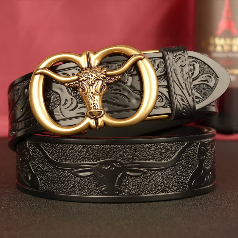 Cintura in pelle con fibbia automatica a forma di toro a doppio anello da uomo - Nero / Oro - 46 - image 12