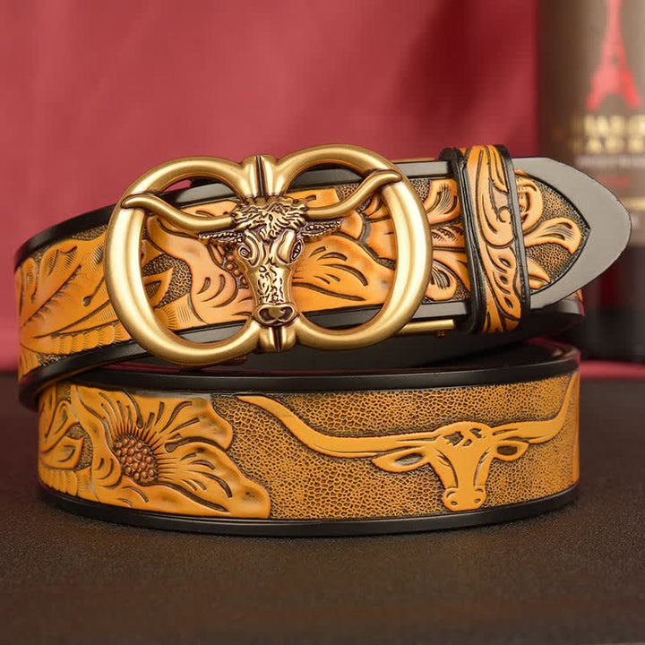 Cintura in pelle con fibbia automatica a forma di toro a doppio anello da uomo - Marrone sabbia / Oro - 46 - image 0