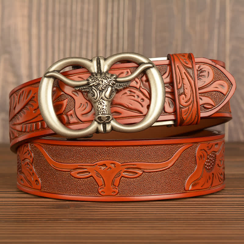 Cintura in pelle con fibbia automatica a forma di toro a doppio anello da uomo - Arancione / Argento - 46 - image 20