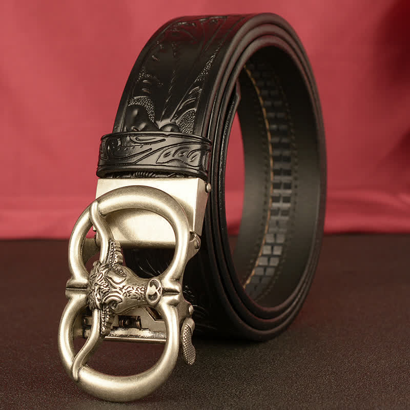 Cintura in pelle con fibbia automatica a forma di toro a doppio anello da uomo - image 15