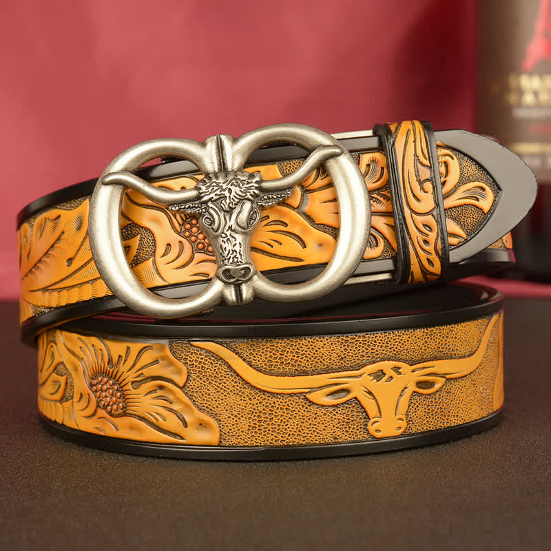 Cintura in pelle con fibbia automatica a forma di toro a doppio anello da uomo - Marrone sabbia / Argento - 46 - image 11