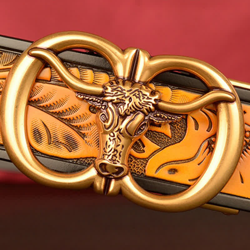 Cintura in pelle con fibbia automatica a forma di toro a doppio anello da uomo - image 5