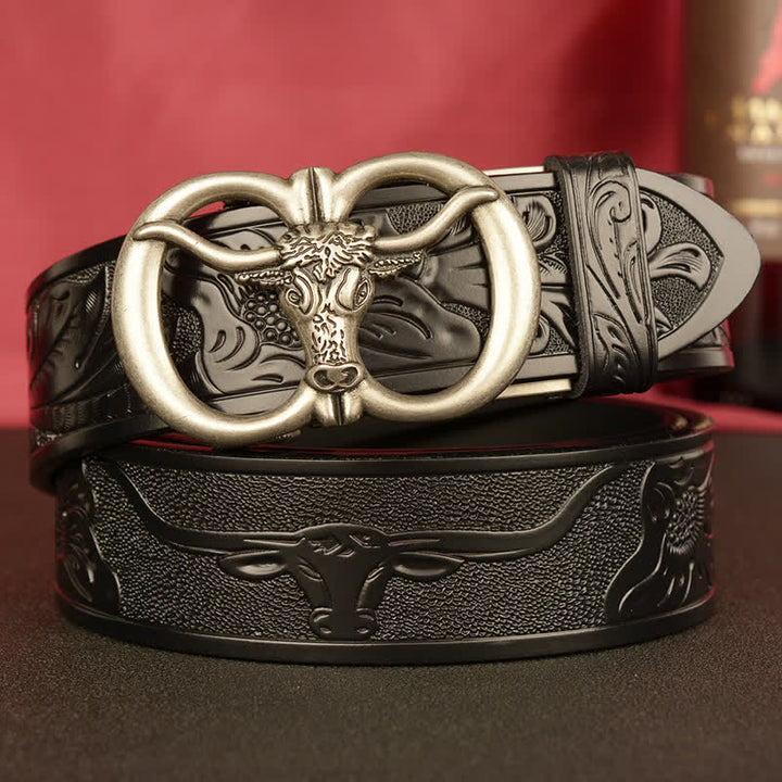 Cintura in pelle con fibbia automatica a forma di toro a doppio anello da uomo - Nero / Argento - 46 - image 14