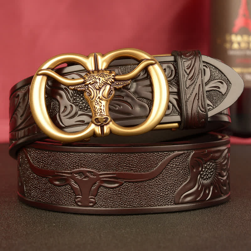 Cintura in pelle con fibbia automatica a forma di toro a doppio anello da uomo - Marrone / Oro - 46 - image 16