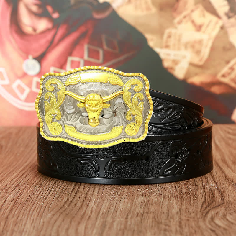 Cintura in pelle da uomo con atteggiamento da combattimento al toro dorato - Nero - 46 - image 1