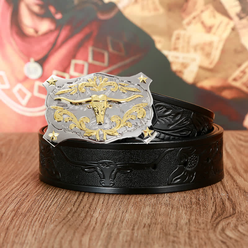 Cintura da uomo in pelle con testa di toro 3D in argento e oro - Nero - 46 - image 1
