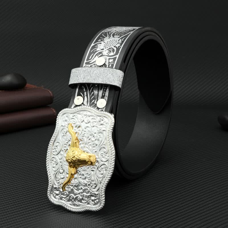 Cintura da uomo in pelle con stampa floreale in rilievo color argento e nero Bull
