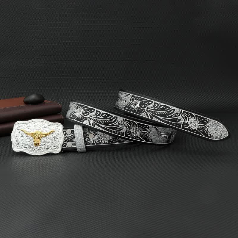 Cintura da uomo in pelle con stampa floreale in rilievo color argento e nero Bull