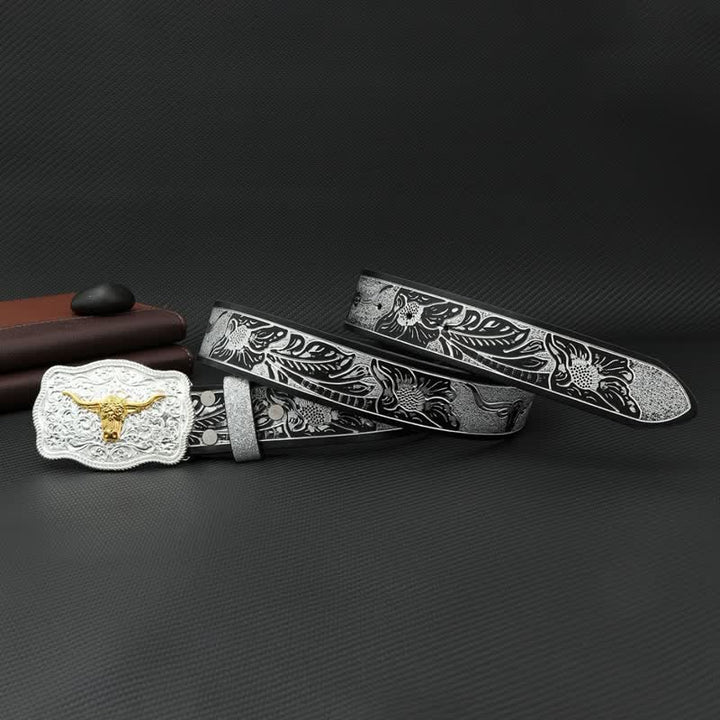 Cintura da uomo in pelle con stampa floreale in rilievo color argento e nero Bull