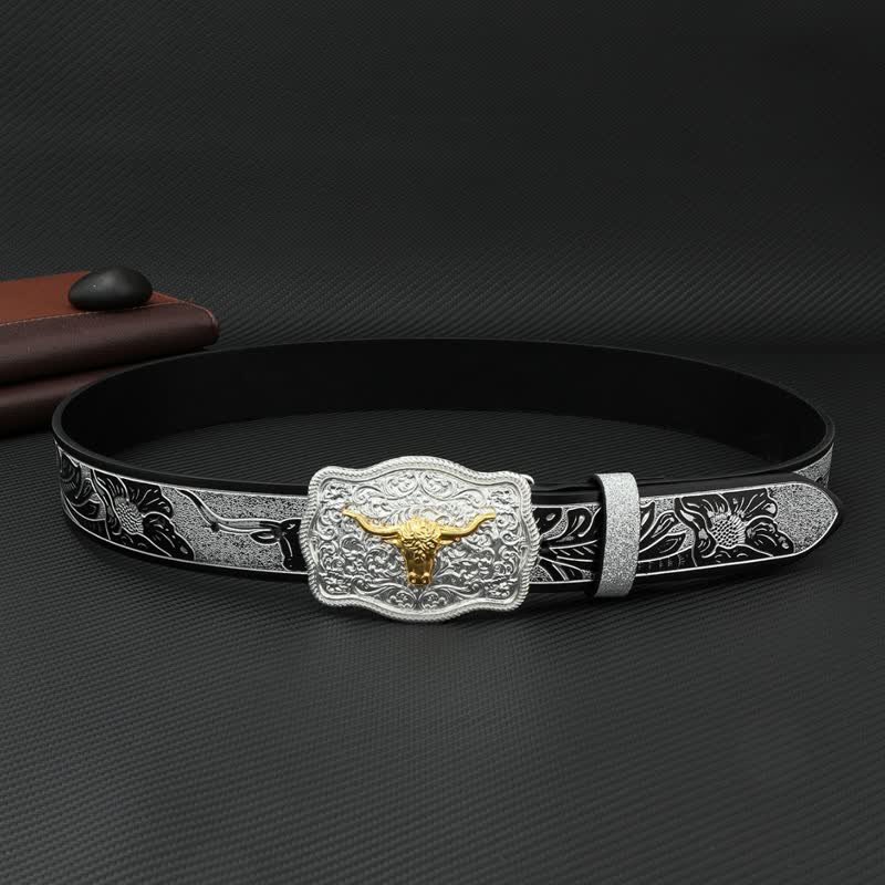 Cintura da uomo in pelle con stampa floreale in rilievo color argento e nero Bull - image 3