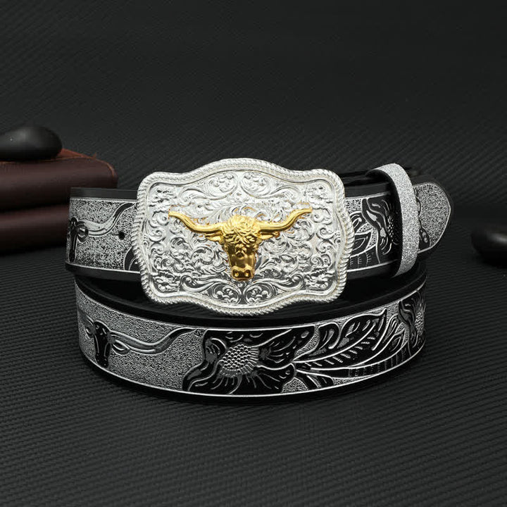 Cintura da uomo in pelle con stampa floreale in rilievo color argento e nero Bull