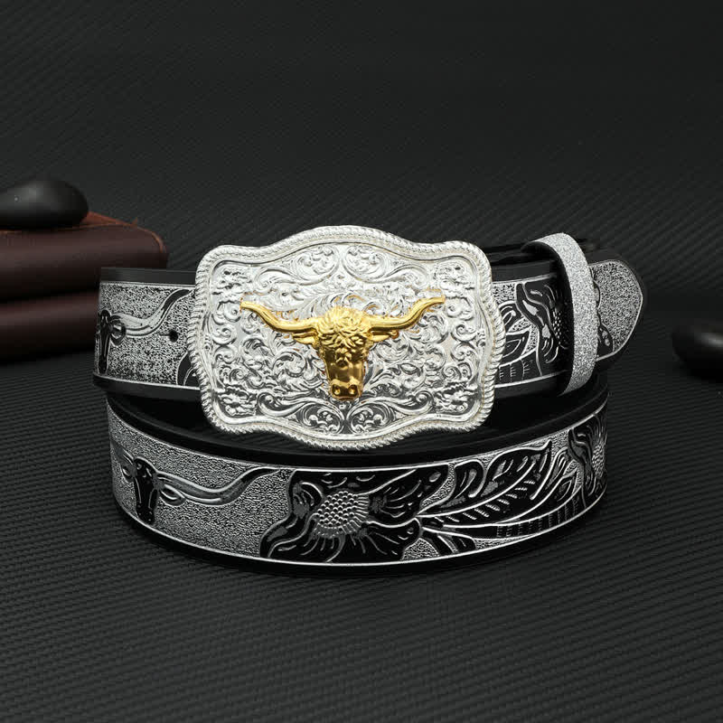 Cintura da uomo in pelle con stampa floreale in rilievo color argento e nero Bull - Toro - 42 - image 0