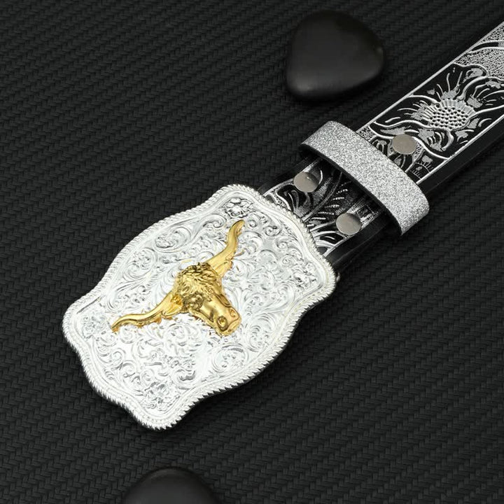 Cintura da uomo in pelle con stampa floreale in rilievo color argento e nero Bull