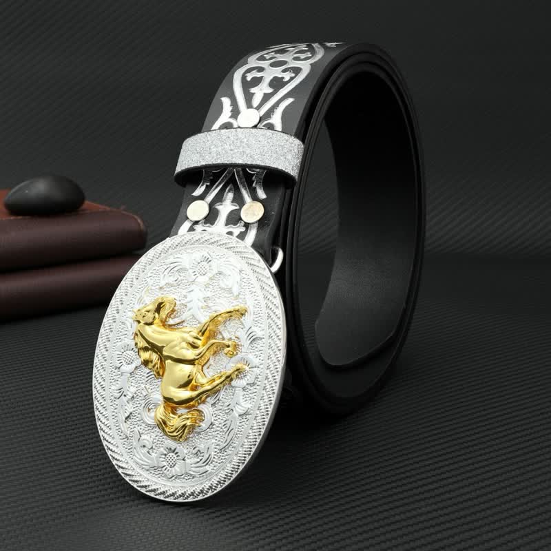 Cintura da uomo in pelle goffrata color argento con motivo a cavallo da corsa rotondo