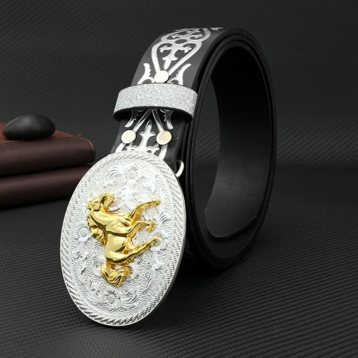 Cintura da uomo in pelle goffrata color argento con motivo a cavallo da corsa rotondo