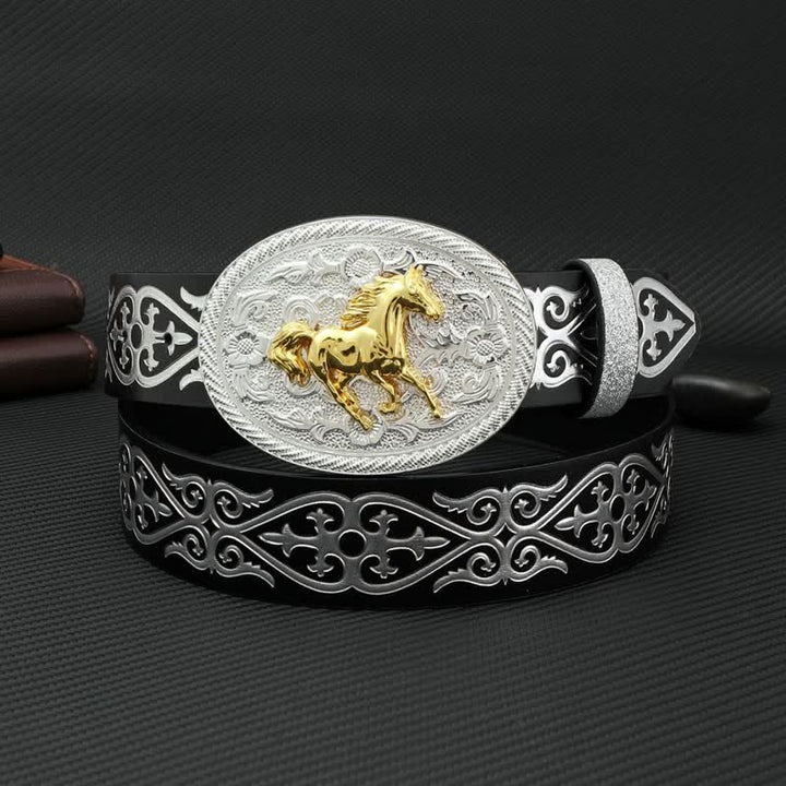 Cintura da uomo in pelle goffrata color argento con motivo a cavallo da corsa rotondo