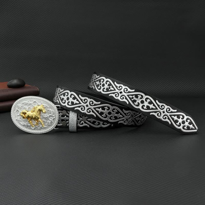 Cintura da uomo in pelle goffrata color argento con motivo a cavallo da corsa rotondo