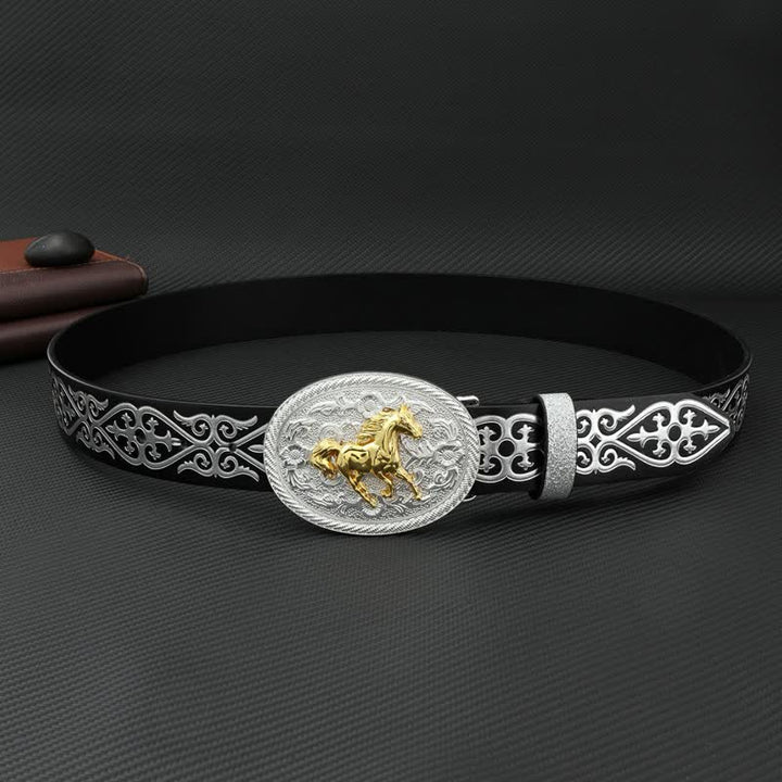 Cintura da uomo in pelle goffrata color argento con motivo a cavallo da corsa rotondo