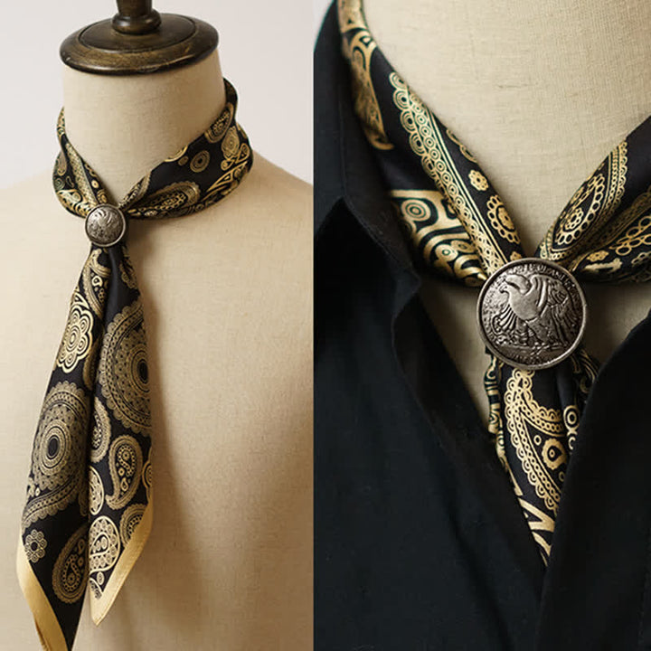 Sciarpa quadrata Paisley di lusso nera e oro con fibbia per sciarpa