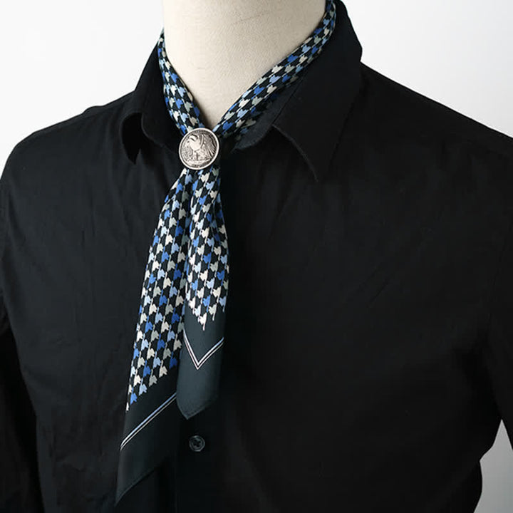Sciarpa quadrata pied de poule blu navy e blu con fibbia per sciarpa