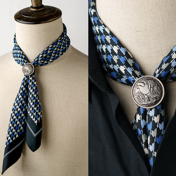 Sciarpa quadrata pied de poule blu navy e blu con fibbia per sciarpa