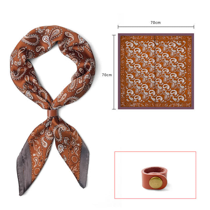 Sciarpa quadrata retrò con fiore di anacardi e fibbia per sciarpa - Arancione scuro - Fibbia in pelle - image 6