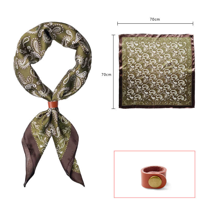 Sciarpa quadrata retrò con fiore di anacardi e fibbia per sciarpa - Verde oliva - Fibbia in pelle - image 2