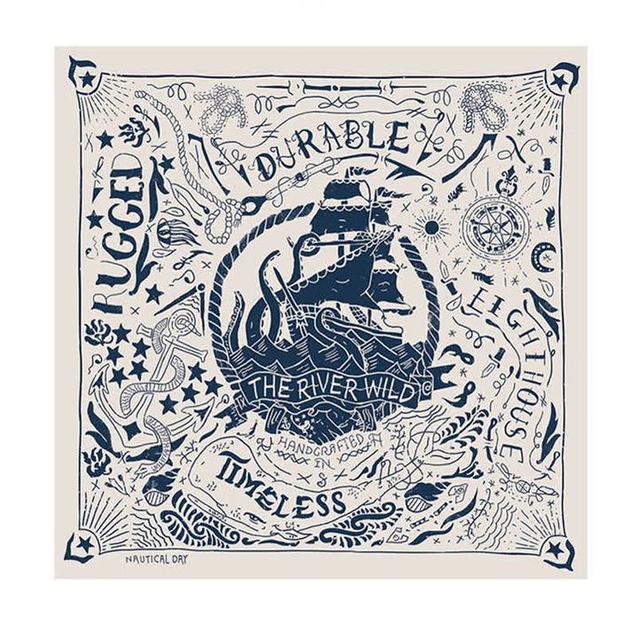 Sciarpa quadrata con motivo a vela color avorio, chiusura in pelle