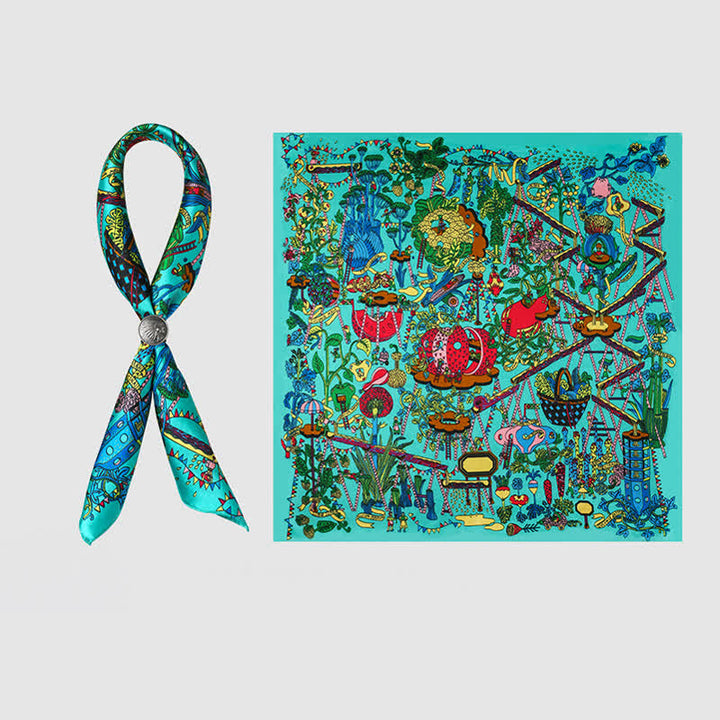 Sciarpa quadrata Cyan Botanical Paradise con fibbia per sciarpa
