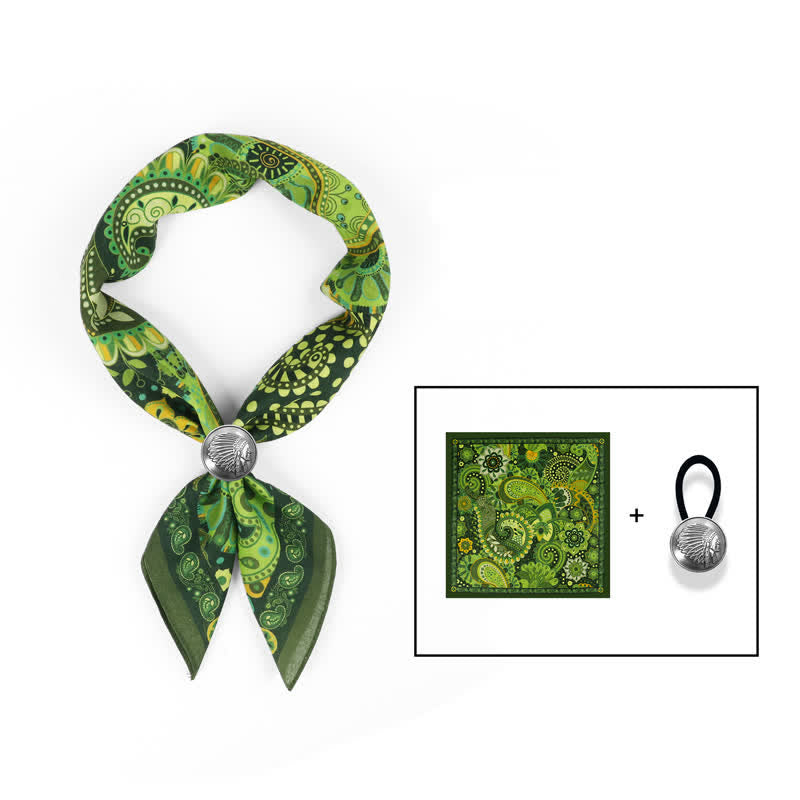 Fantastica sciarpa quadrata Paisley verde con fibbia per sciarpa