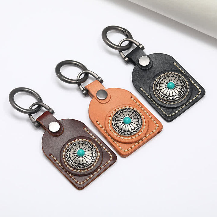 Portachiavi in pelle turchese con grazioso fiore boho