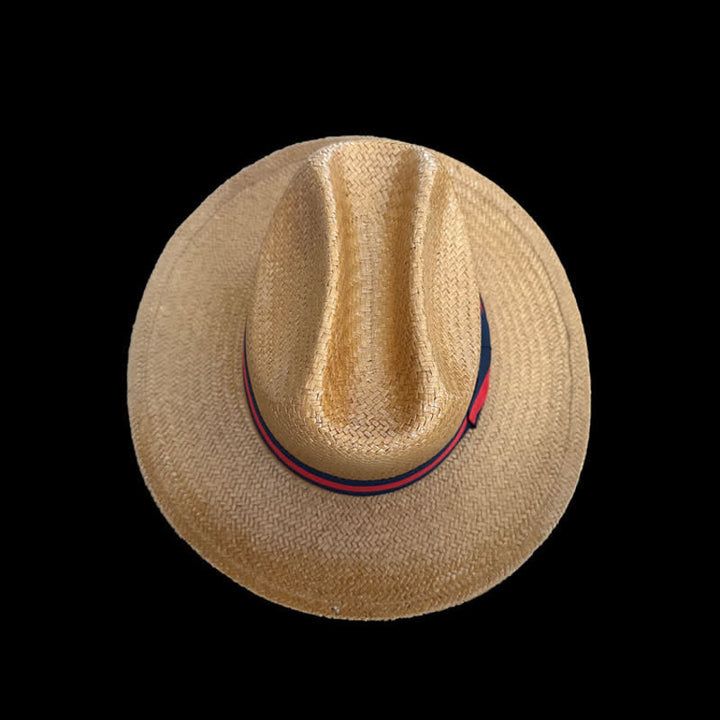 Cappello da cowboy in paglia intrecciata con nastro rosso e blu navy decorativo