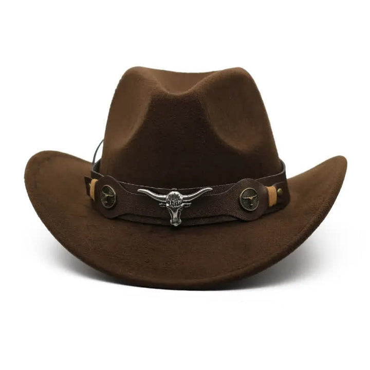 Cappello da cowboy in feltro con cinturino a forma di testa di bue Western Wild Bull