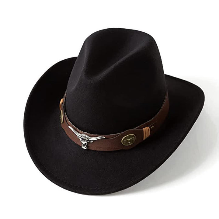 Cappello da cowboy in feltro con cinturino a forma di testa di bue Western Wild Bull