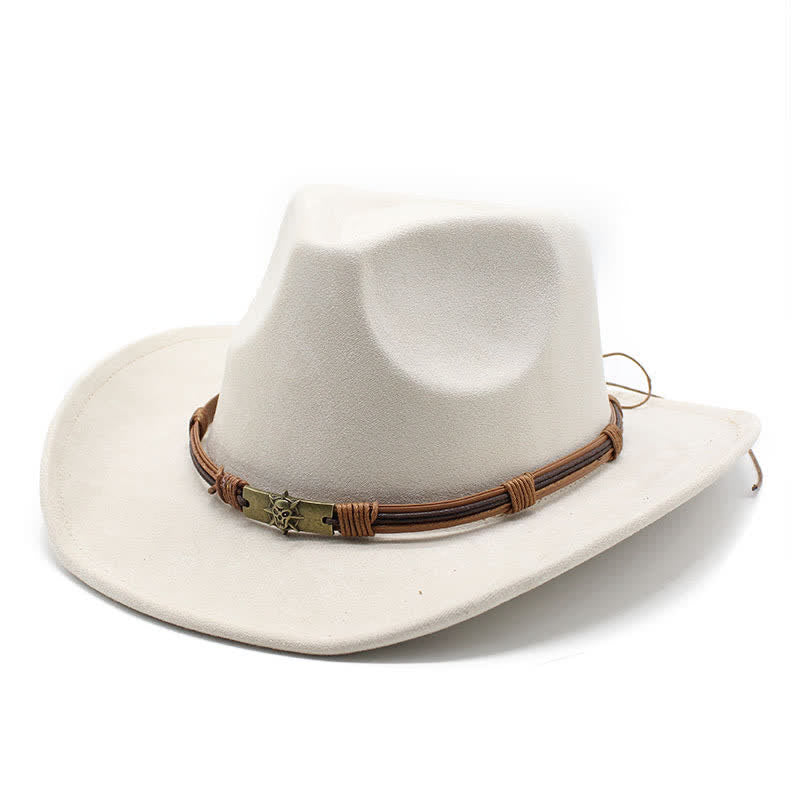 Cappello da cowboy in feltro con tesa curva e decorazione in corda in stile etnico