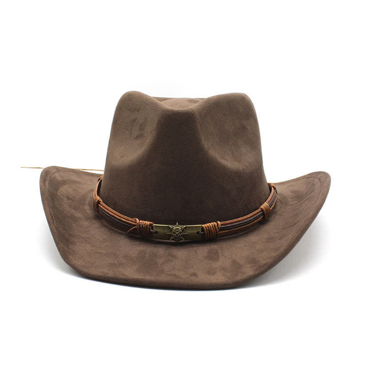 Cappello da cowboy in feltro con tesa curva e decorazione in corda in stile etnico