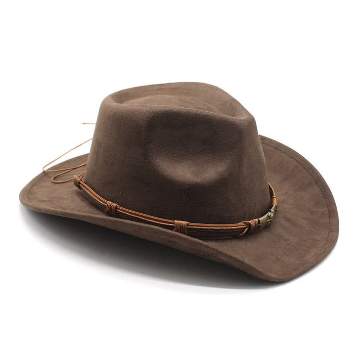 Cappello da cowboy in feltro con tesa curva e decorazione in corda in stile etnico