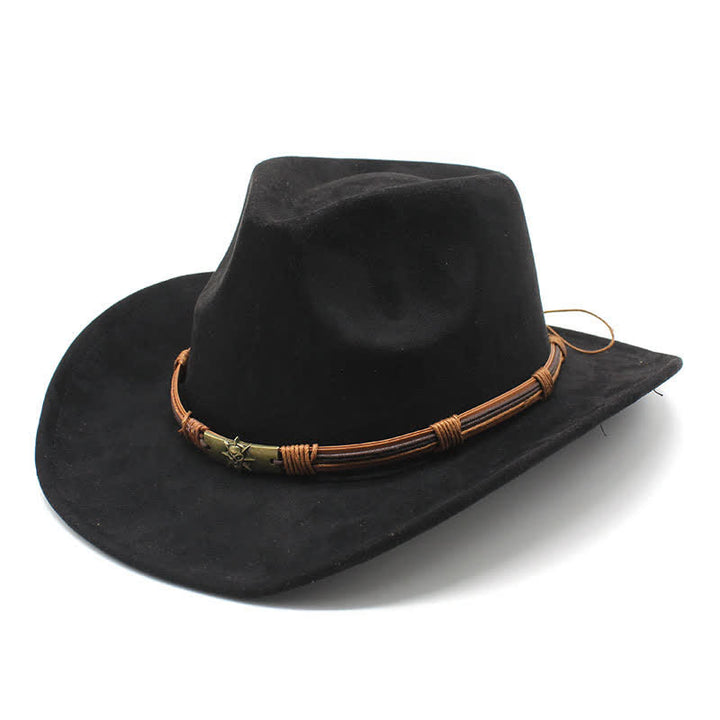 Cappello da cowboy in feltro con tesa curva e decorazione in corda in stile etnico