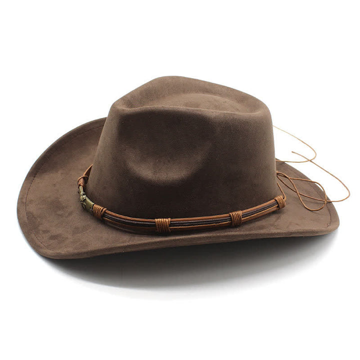 Cappello da cowboy in feltro con tesa curva e decorazione in corda in stile etnico