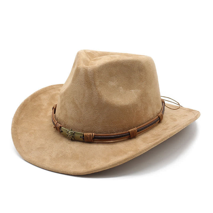 Cappello da cowboy in feltro con tesa curva e decorazione in corda in stile etnico