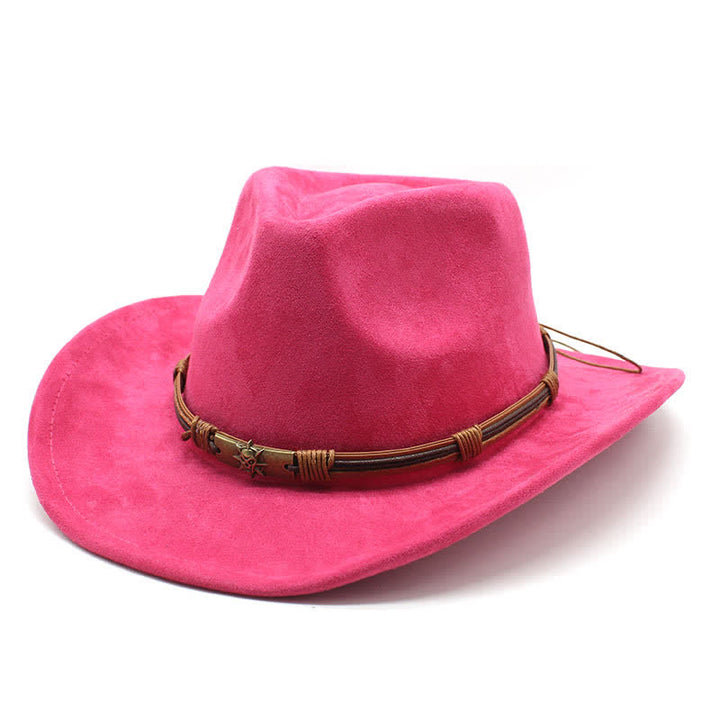 Cappello da cowboy in feltro con tesa curva e decorazione in corda in stile etnico