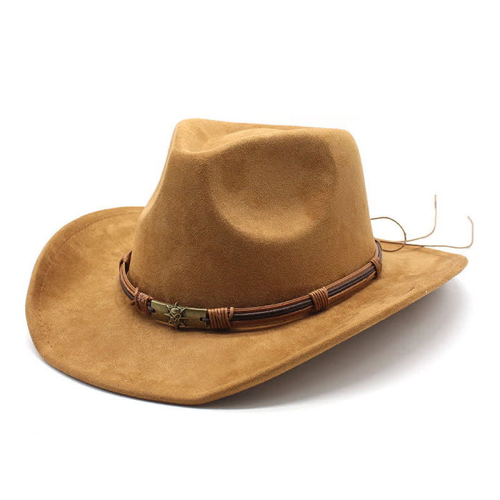 Cappello da cowboy in feltro con tesa curva e decorazione in corda in stile etnico