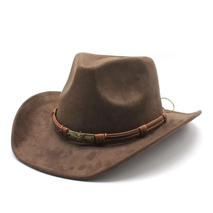 Cappello da cowboy in feltro con tesa curva e decorazione in corda in stile etnico