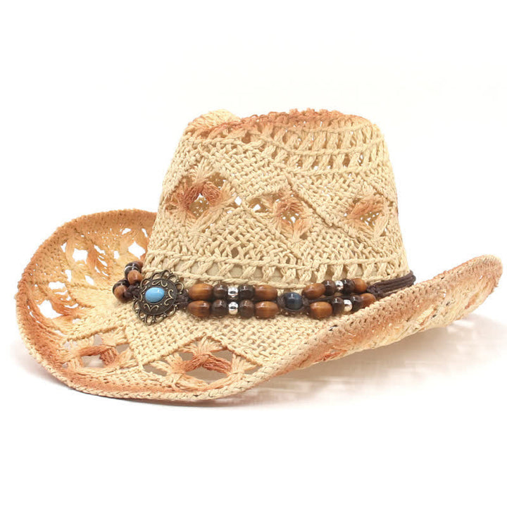 Cappello di paglia da cowboy e cowgirl con perline traforate Boho - Beige - M (22"-22 7/8") - image 8