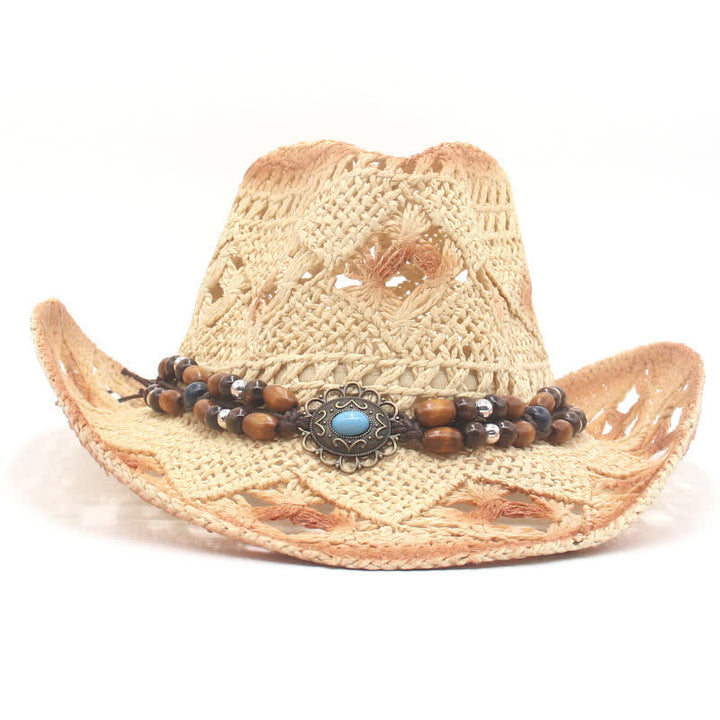 Cappello di paglia da cowboy e cowgirl con perline traforate Boho