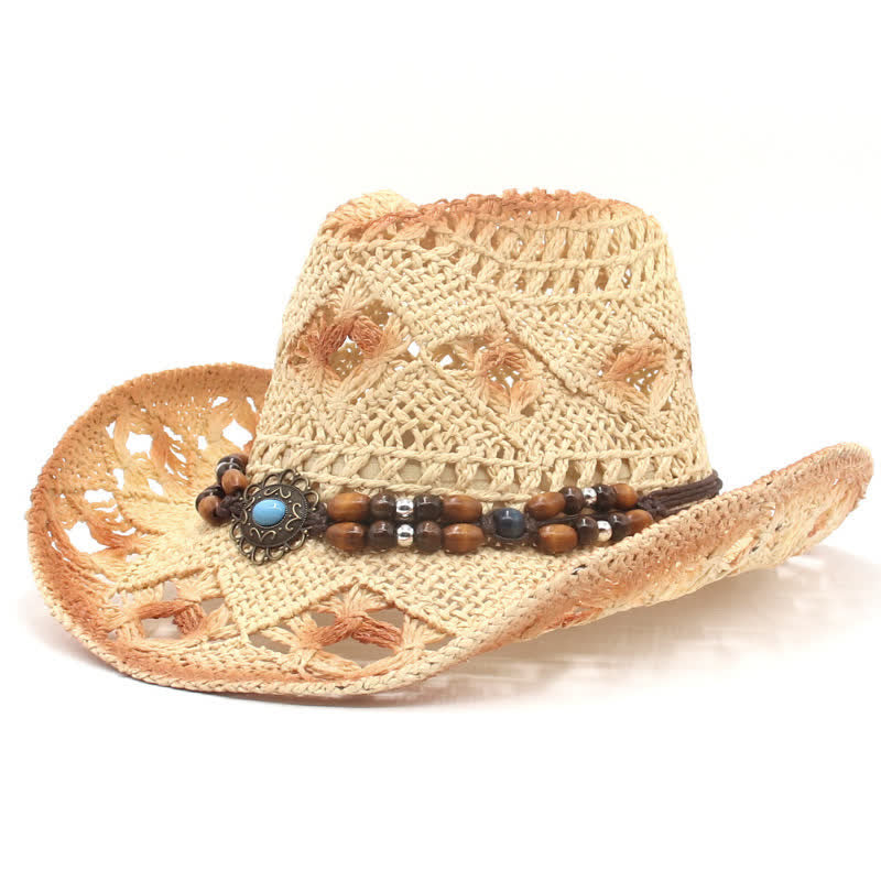 Cappello di paglia da cowboy e cowgirl con perline traforate Boho - Beige - M (22"-22 7/8") - image 8
