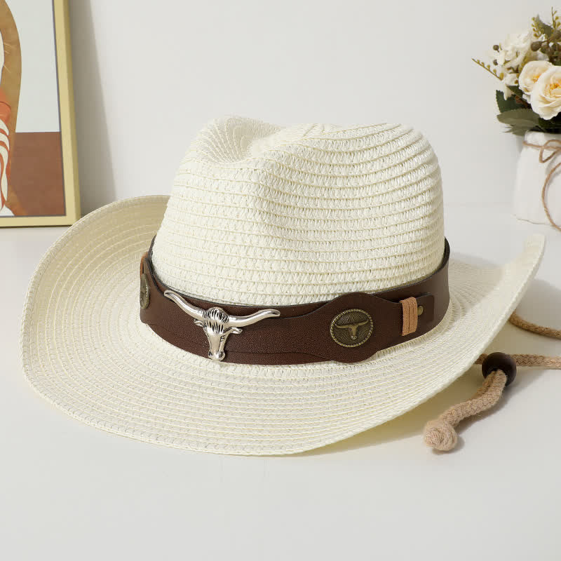 Cappello di paglia con protezione solare per spiaggia estiva con decorazione per bovini