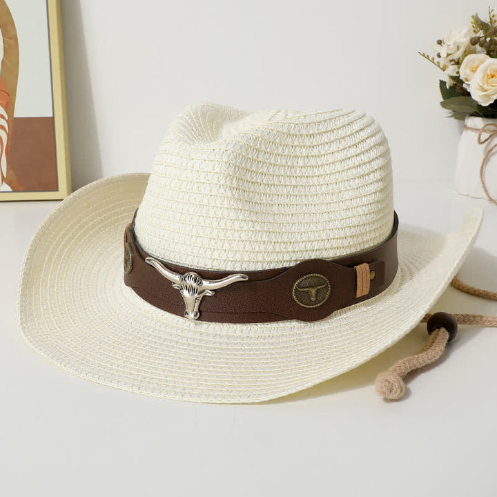 Cappello di paglia con protezione solare per spiaggia estiva con decorazione per bovini