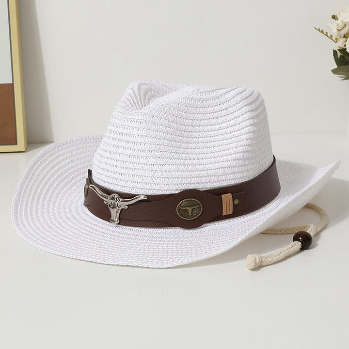 Cappello di paglia con protezione solare per spiaggia estiva con decorazione per bovini
